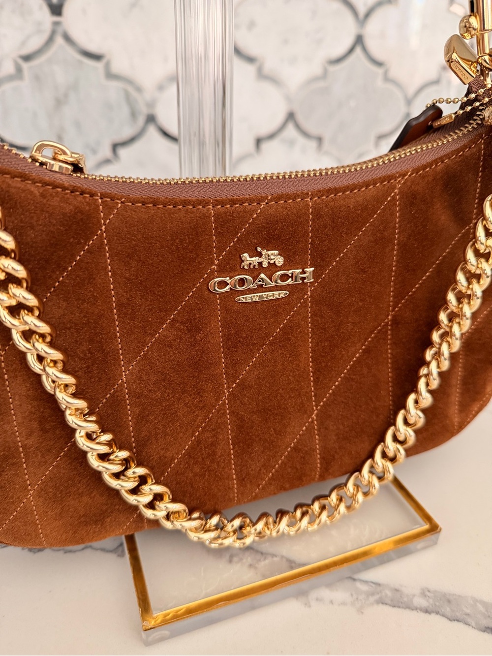 Coach Brown Suede Shoulder Bag with Gold Chain - Picture 3 of 10